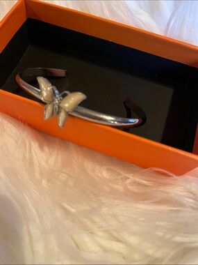 Silver Butterfly Cuff Bracelet with Cream Enamel Accent najure